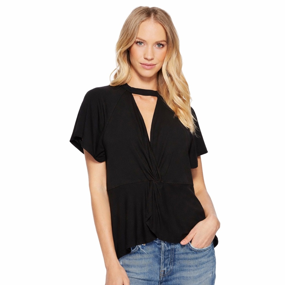 Free People Just a Twist Tie Front Top Black Cutout Neck Blouse Boho